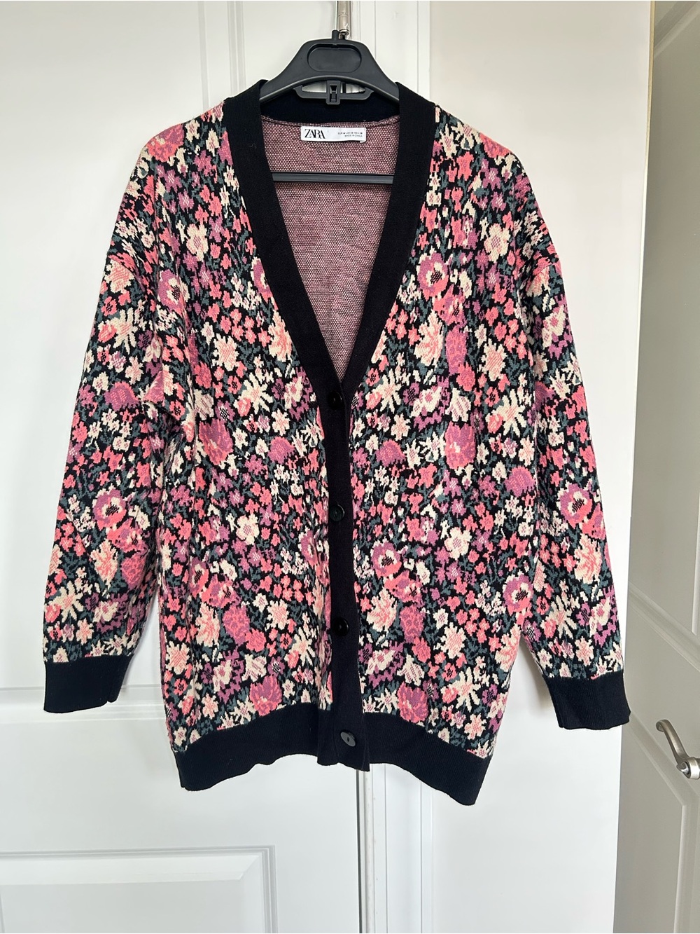 Zara Black Trim Pink Floral Button-Up Cardigan
